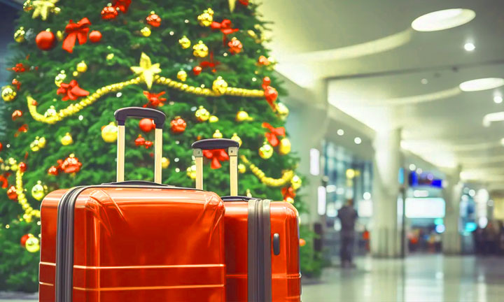 Traveler booking cheap Christmas flights online using laptop with holiday decorations in background