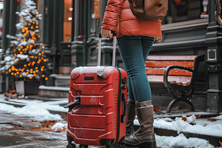 Traveler booking cheap flights over Christmas on laptop with calendar showing December travel dates