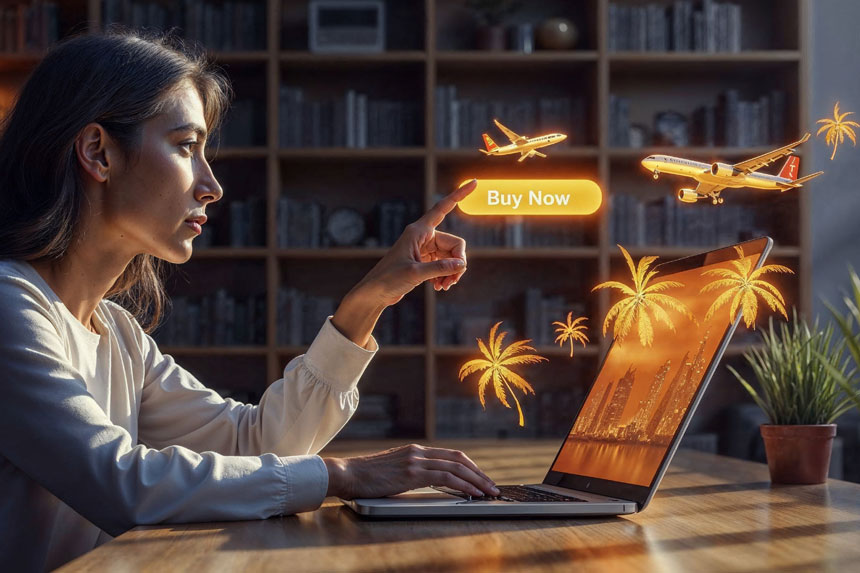 Traveler using laptop to find cheap flights to anywhere with map-based search tools and price comparison websites