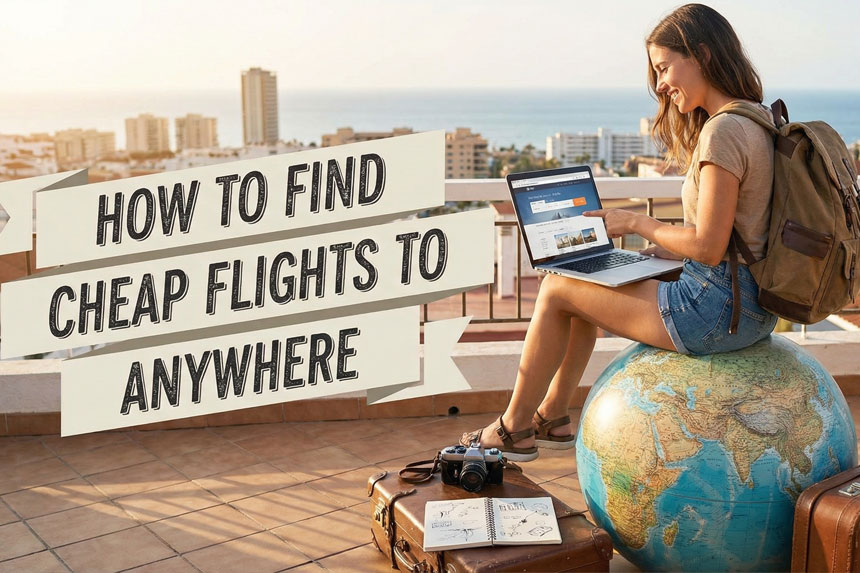 Person using laptop to find cheap flights to anywhere with flight comparison tools showing multiple destinations and prices